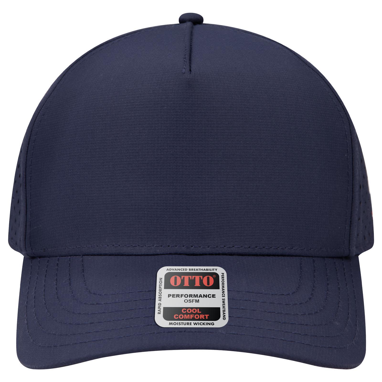 5 Panel Mid Profile Baseball Cap C3-31-4 A navy 5 Panel Mid Profile Baseball Cap with a branded label on the front. The cap features moisture-wicking fabric.