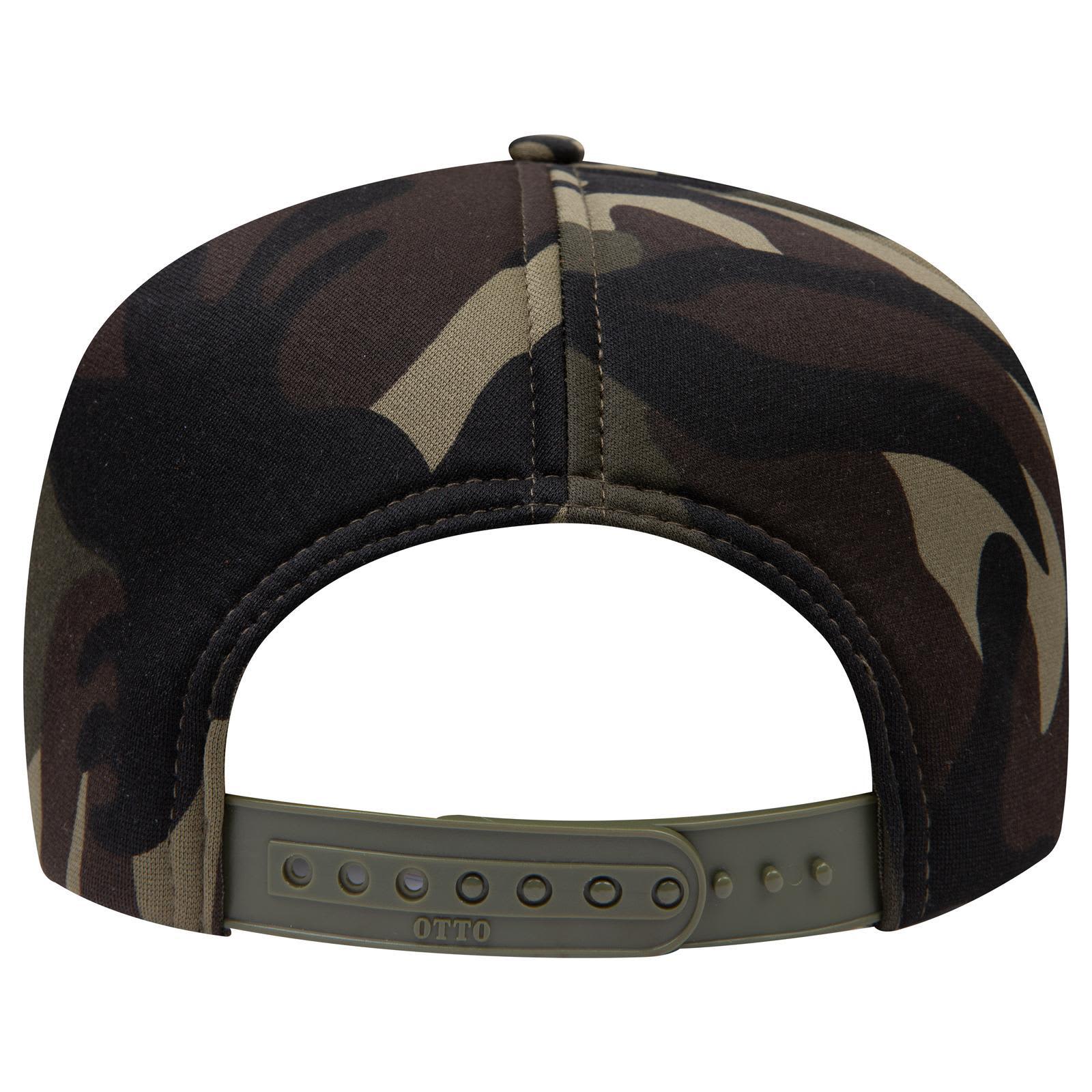 5 Panel High Crown Full Foam Cap C3-394-1 A camouflage cap featuring a high crown and full foam design, with an adjustable strap at the back.