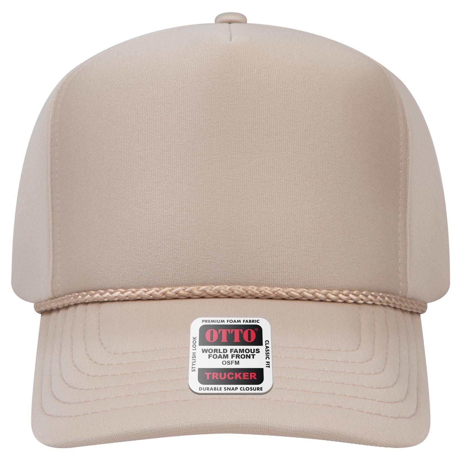 5 Panel High Crown Full Foam Cap C3-394-1 A high crown full foam cap in beige featuring a braided detail and a logo on the front.