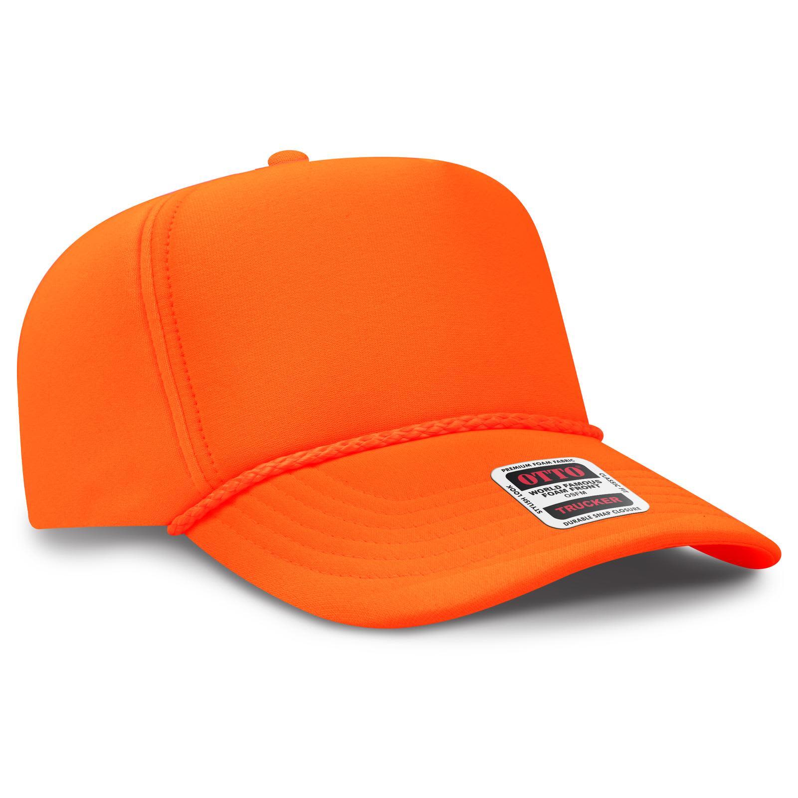 5 Panel High Crown Full Foam Cap C3-394-1 An orange 5 panel high crown full foam cap with a woven label and a structured design.