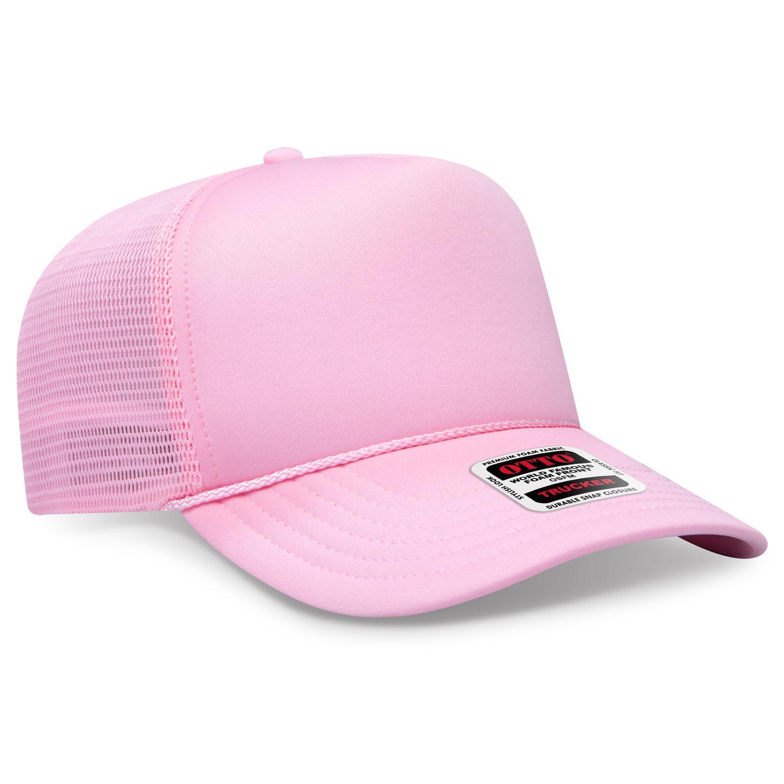 Comfy Fit 5 Panel High Crown Mesh Back Trucker Hat C3-39-167 A pink high crown mesh back trucker hat with a branding logo on the front.
