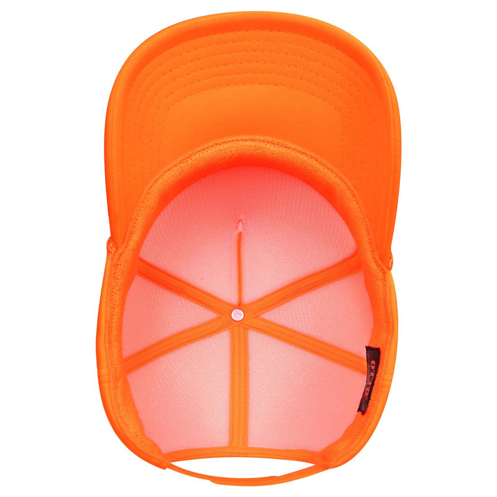 5 Panel High Crown Full Foam Cap C3-394-1 A high crown full foam cap in bright orange, featuring a curved peak and an inner lining with a logo.