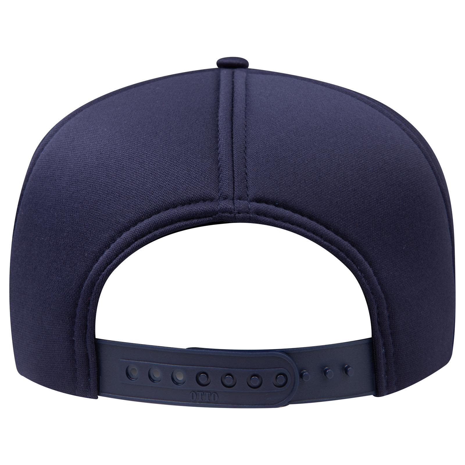 5 Panel High Crown Full Foam Cap C3-394-1 A dark navy blue five-panel high crown full foam cap with an adjustable strap at the back and a logo.