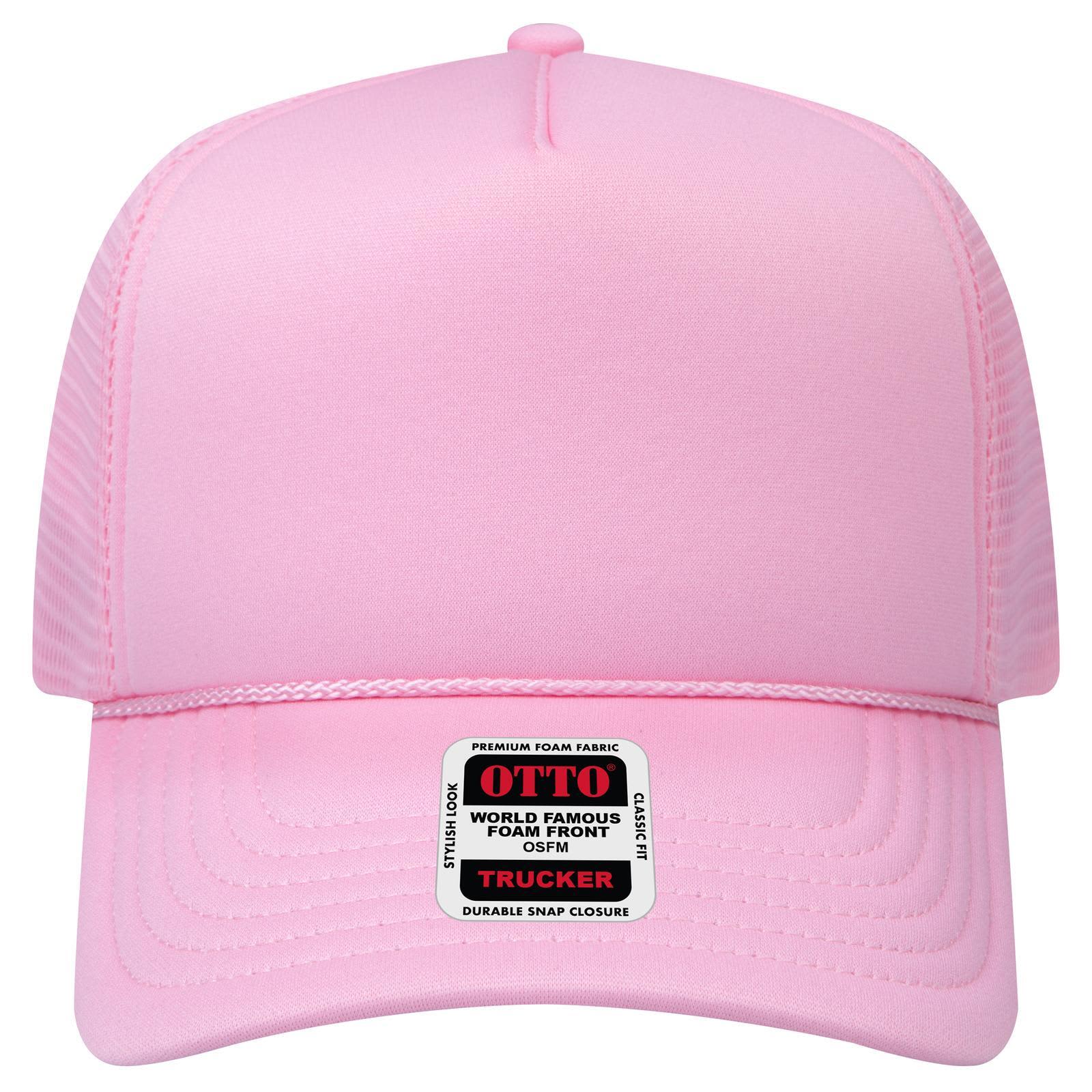Comfy Fit 5 Panel High Crown Mesh Back Trucker Hat C3-39-167 A pink 5-panel high crown mesh back trucker hat with a logo on the front.