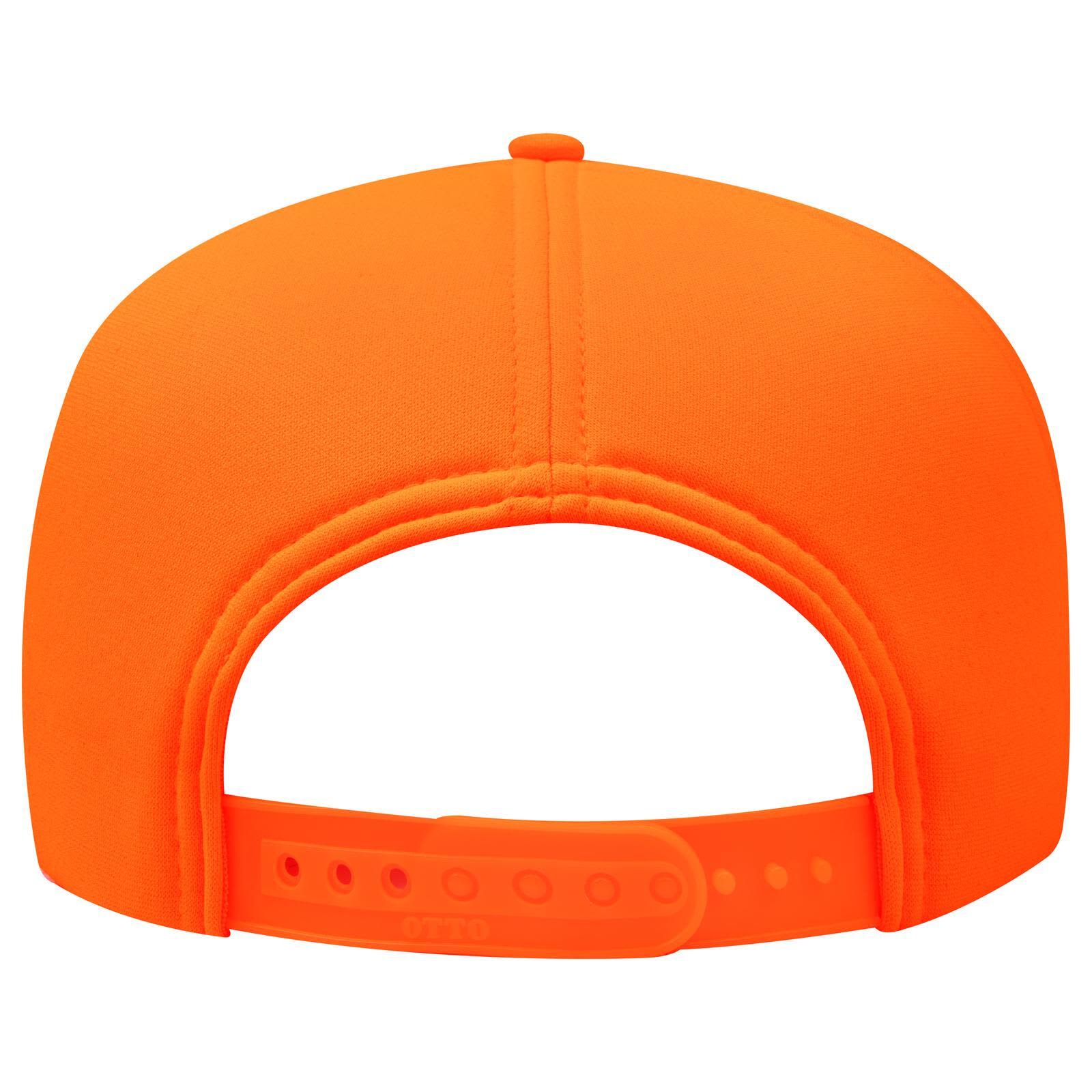 5 Panel High Crown Full Foam Cap C3-394-1 A bright orange 5 panel high crown full foam cap with a snapback adjustable strap and a logo on the back.