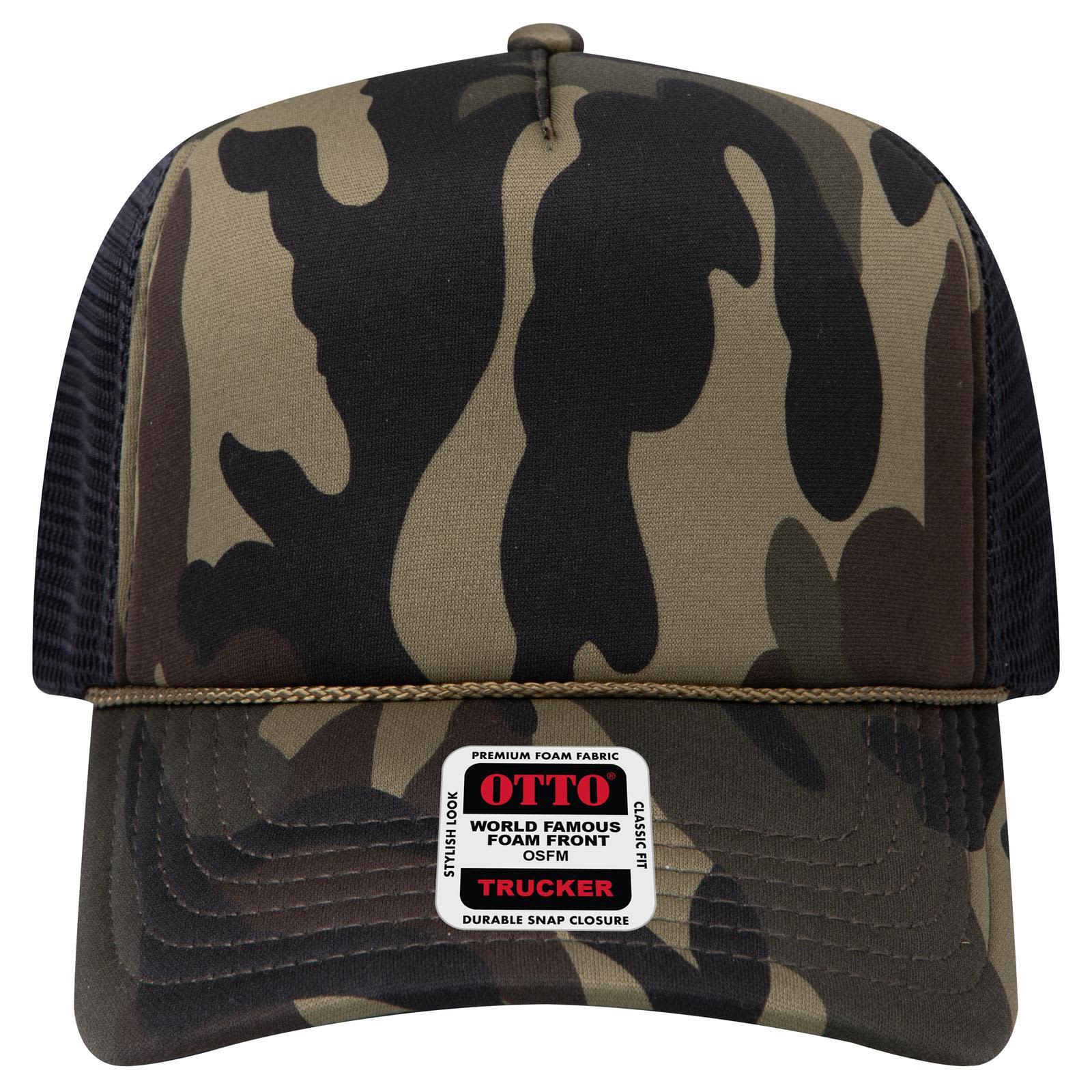 Comfy Fit 5 Panel High Crown Mesh Back Trucker Hat C3-39-167 A high crown mesh back trucker hat in a camouflage pattern with a branded label on the front.