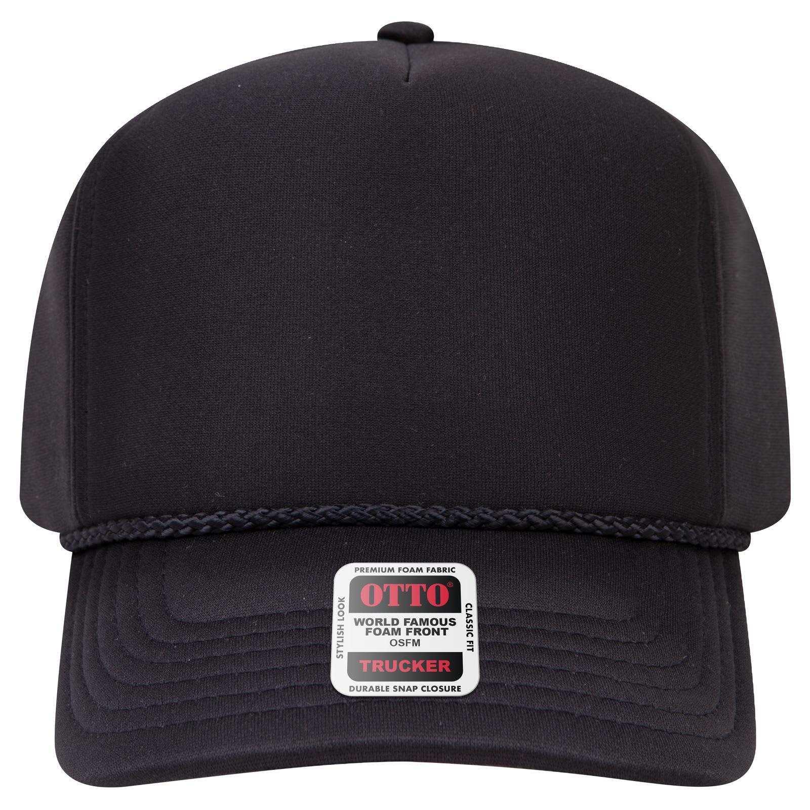 5 Panel High Crown Full Foam Cap C3-394-1 A black 5 Panel High Crown Full Foam Cap with a structured foam front and a branded tag at the front.