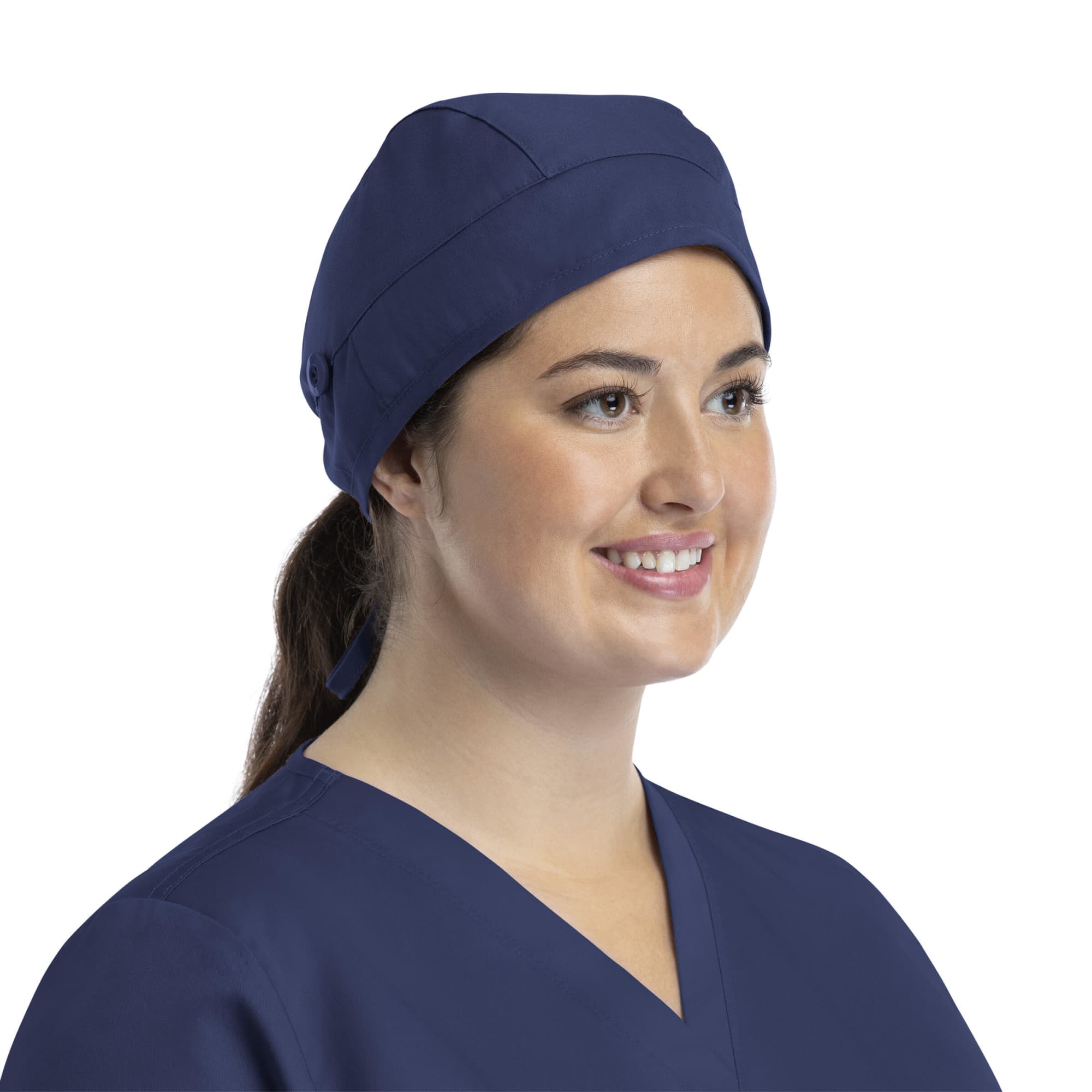 Cap with Button C3-NC315 A navy blue cap with a button, worn by a person with a ponytail, smiling against a neutral background.