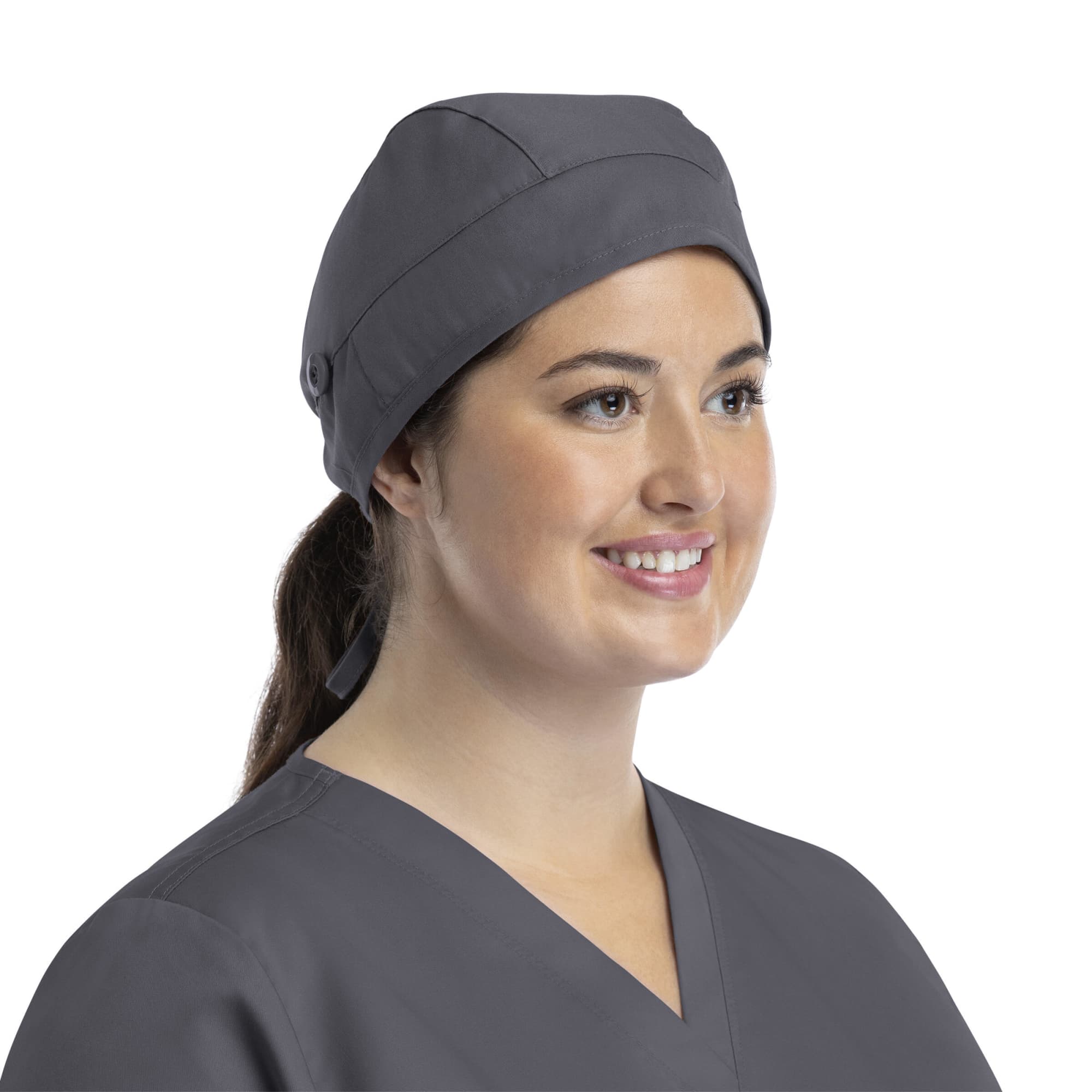 Cap with Button C3-NC315 A grey cap with a button, worn by a smiling woman in a grey top, showcasing a stylish design.