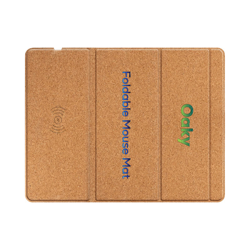 A foldable wireless charging mouse pad in a natural cork finish. Features branding and a wireless charging symbol.