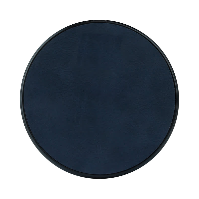 A round, navy blue wireless charger with a sleek, minimal design and a branding logo in the centre.