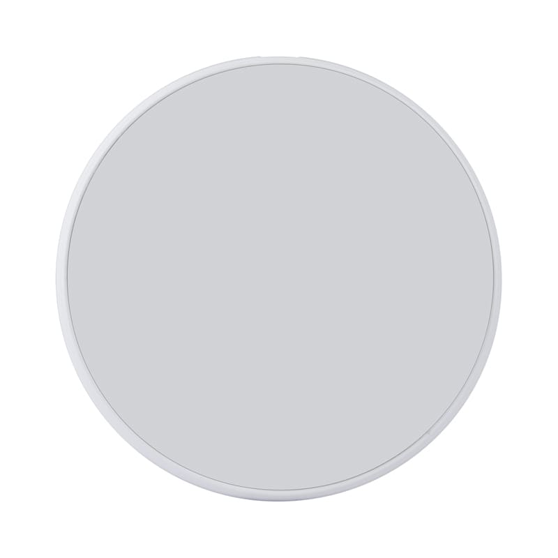 A circular wireless charger in a sleek silver design. It features a minimalist appearance with no visible branding.