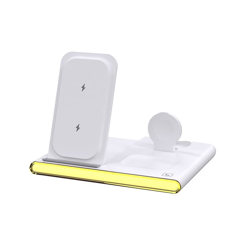 A white magnetic wireless charger with a USB adaptor, featuring a sleek design and yellow accent along the base.