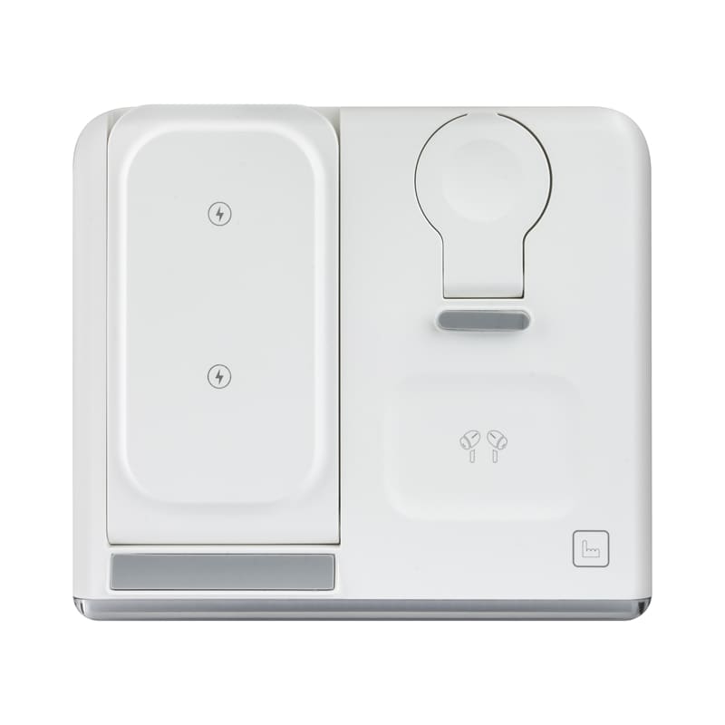 A white magnetic wireless charger and USB adaptor with an integrated logo, featuring two charging sections.