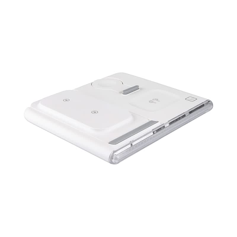 A white magnetic wireless charger and USB adaptor with multiple charging surfaces and a sleek design.