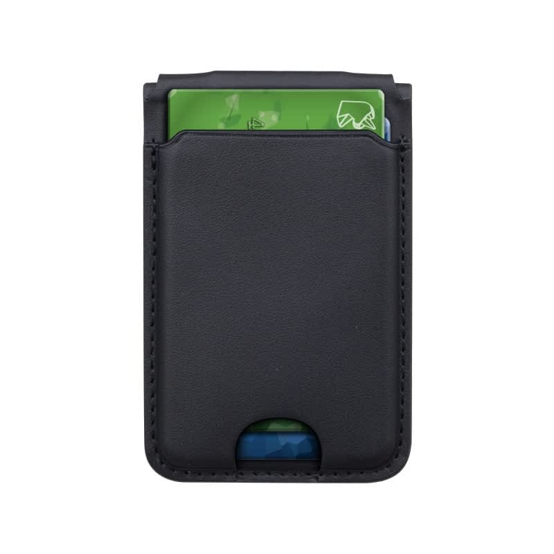 A black magnetic card wallet with slots for cards, designed for wireless charging capabilities.