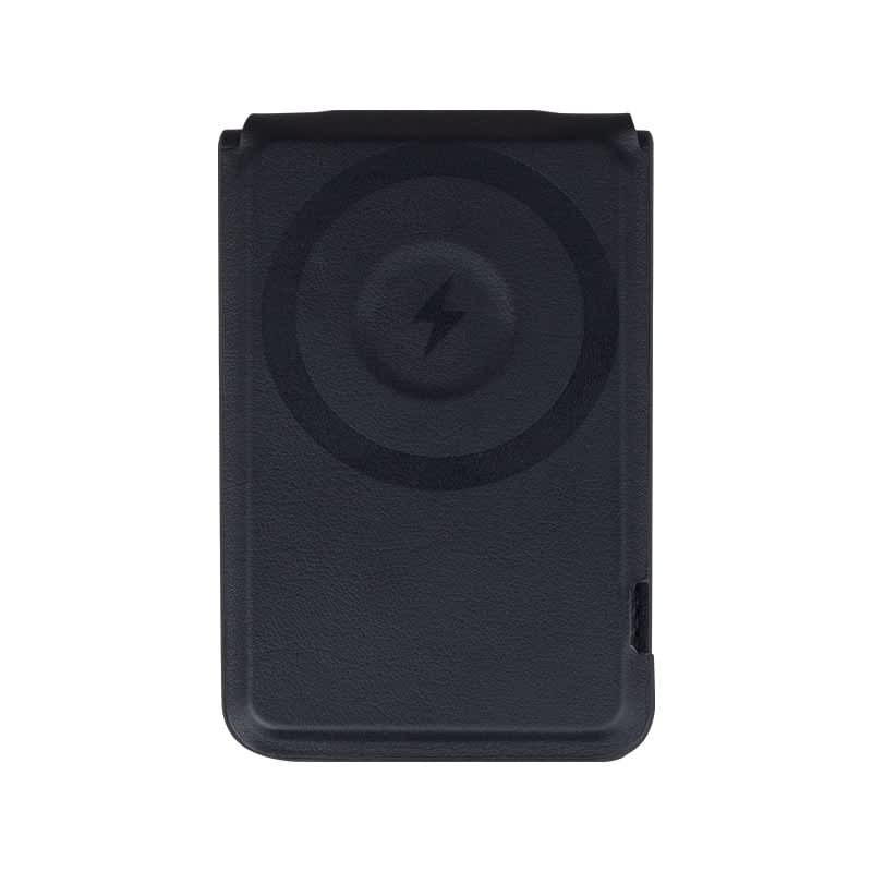 A black magnetic card wallet and wireless charging stand with a circular design feature.