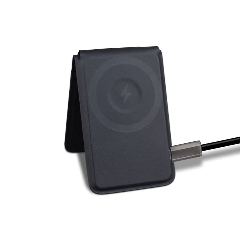 A black magnetic card wallet and wireless charging stand with a cable attached. It features a logo on the surface.