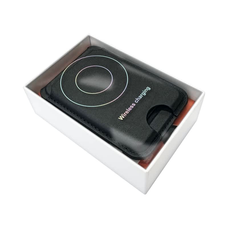 A black magnetic card wallet and wireless charging stand in a white box. It includes a branding logo.