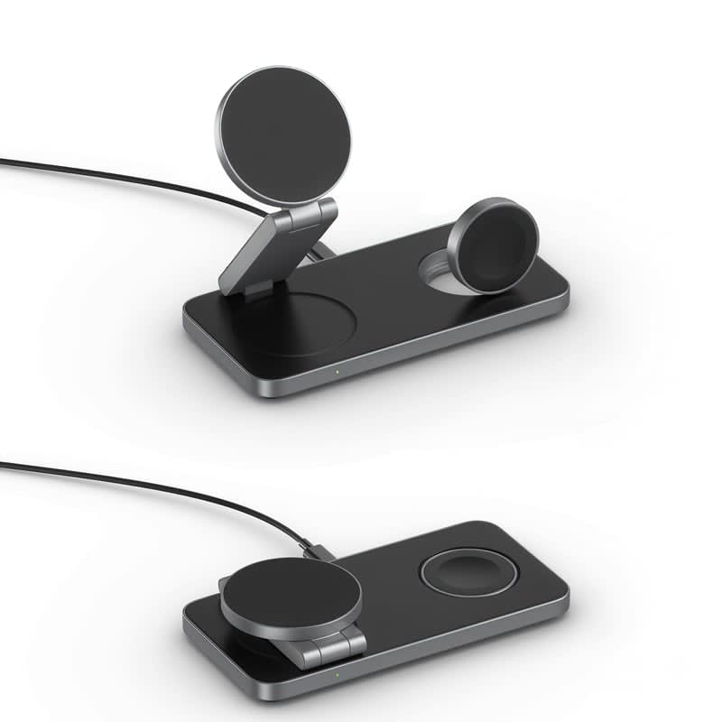 A black 15W 3-in-1 magnetic wireless charging station with a sleek design for various devices. It features a stand and multiple charging pads.