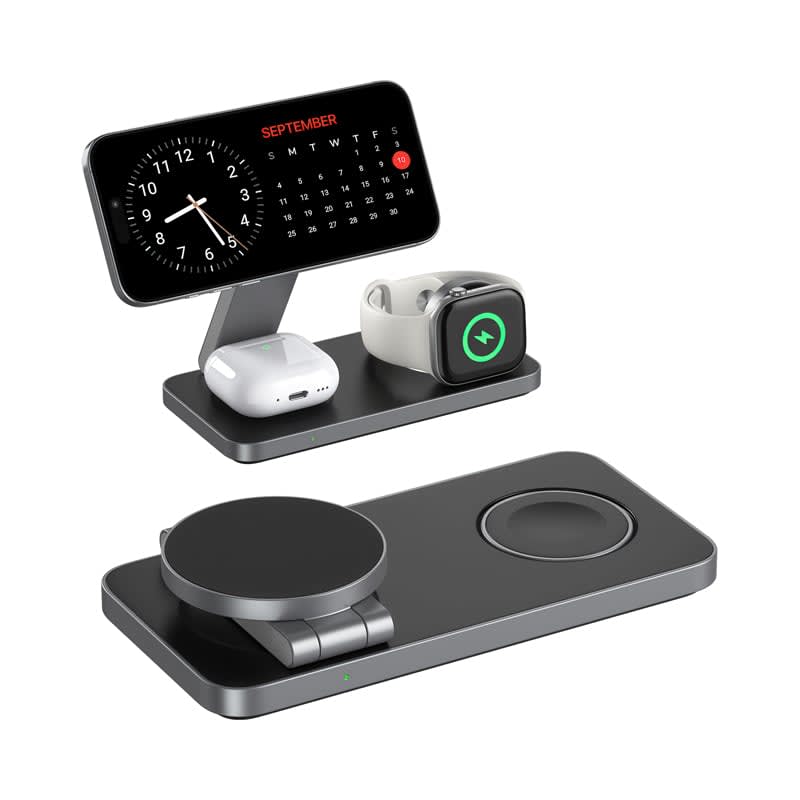 A black and grey 3-in-1 magnetic wireless charging station for phones, smartwatches, and earbuds, featuring a clock and calendar display.