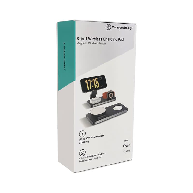 A promotional box for a 3-in-1 magnetic wireless charging station in black and grey, featuring adjustable viewing angles.