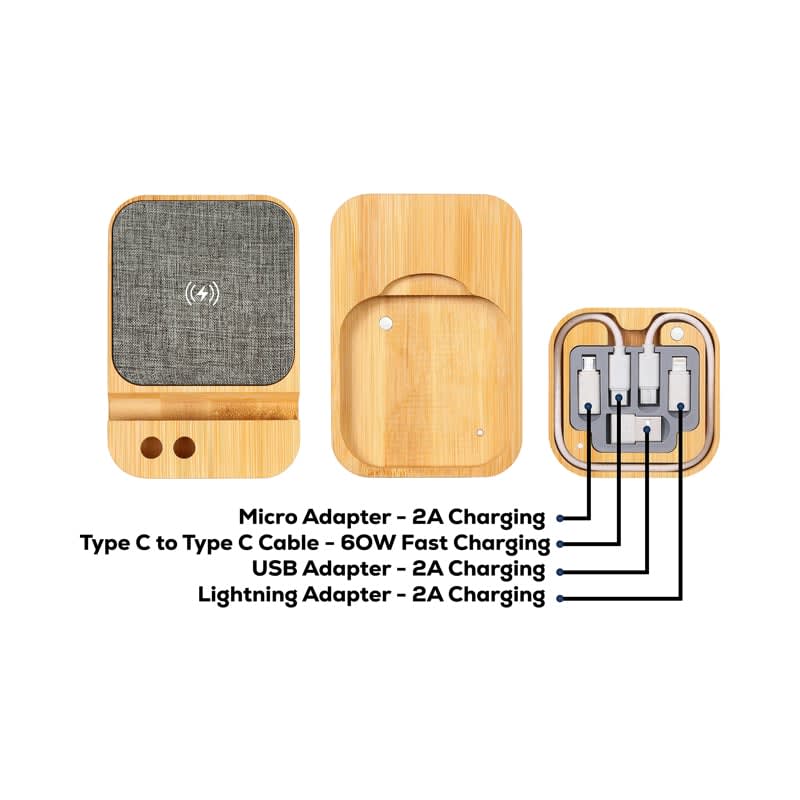 A bamboo wireless charger kit with micro, USB, Type C, and Lightning adapters, featuring a fabric texture on top.