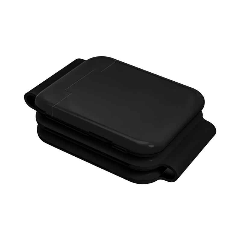 A black wireless charging kit stacked with a sleek design and a logo. Compact and modern appearance.