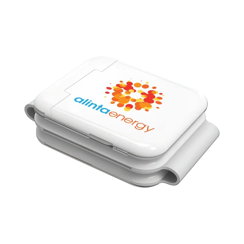 A white wireless charging kit with a logo on the top, featuring an organised design.