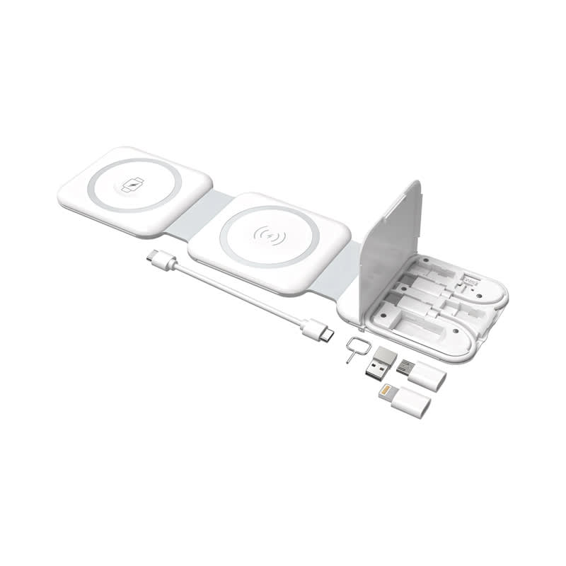 A white magnetic wireless charging kit with three pads and various charging cables, featuring a compact, foldable design.