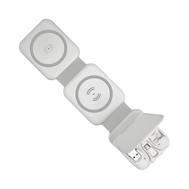 A white and grey magnetic wireless charging kit with two charging pads and USB connectors.
