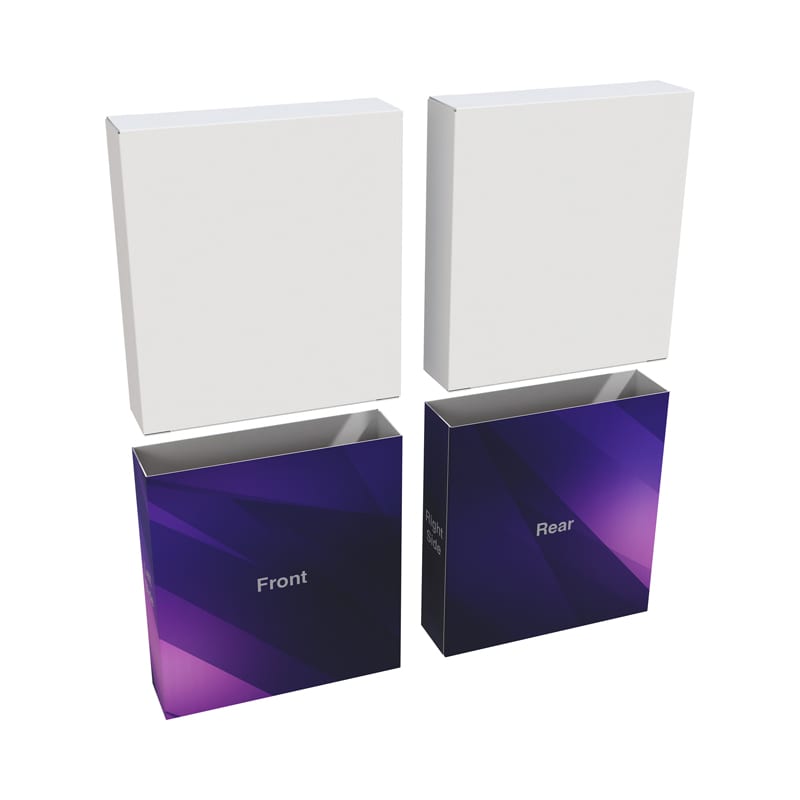 A box set with a white top and a purple bottom, featuring front and rear labels and a branding logo.
