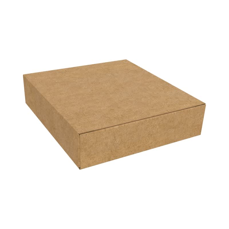 A brown cardboard box with a flat design and a sliding lid, currently closed.