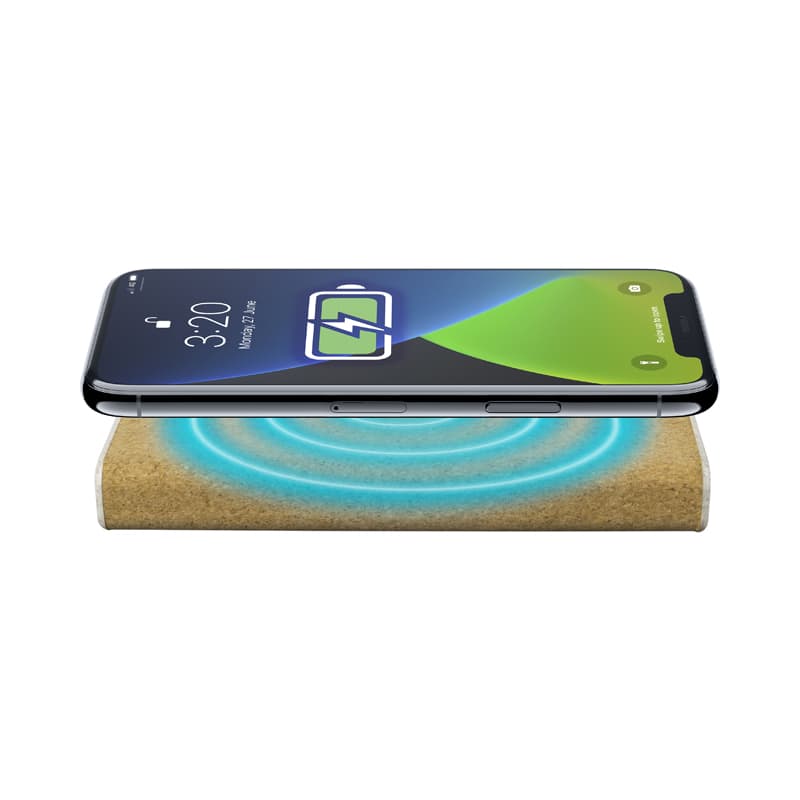 A wireless power bank with a natural finish, displaying a smartphone charging on top. It has a logo visible.
