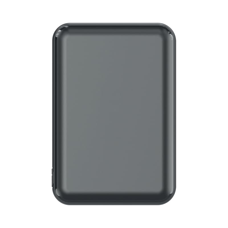 A rectangular grey power bank with rounded edges and a sleek design. It features a branding logo.
