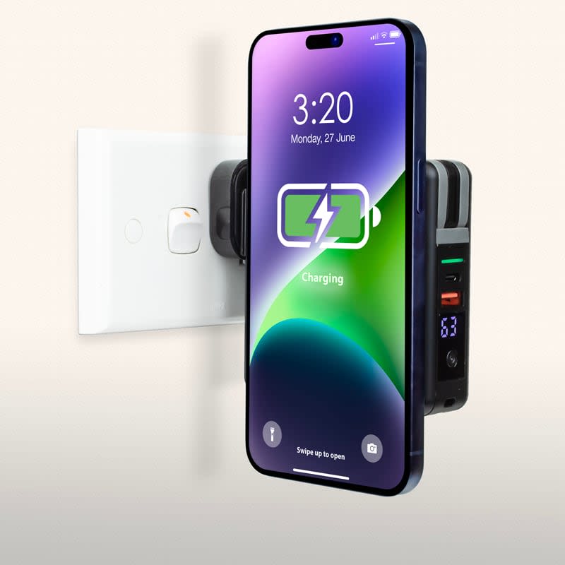 A magnetic travel charger in black with a charging smartphone displayed above, designed for convenience and portability.