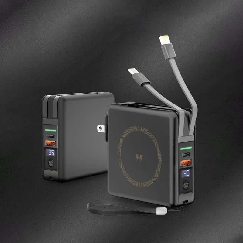A black magnetic travel charger with multiple cables and a digital display, featuring a logo on the side.