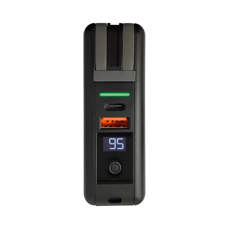 A black and green power bank with USB ports, digital display, and a logo.