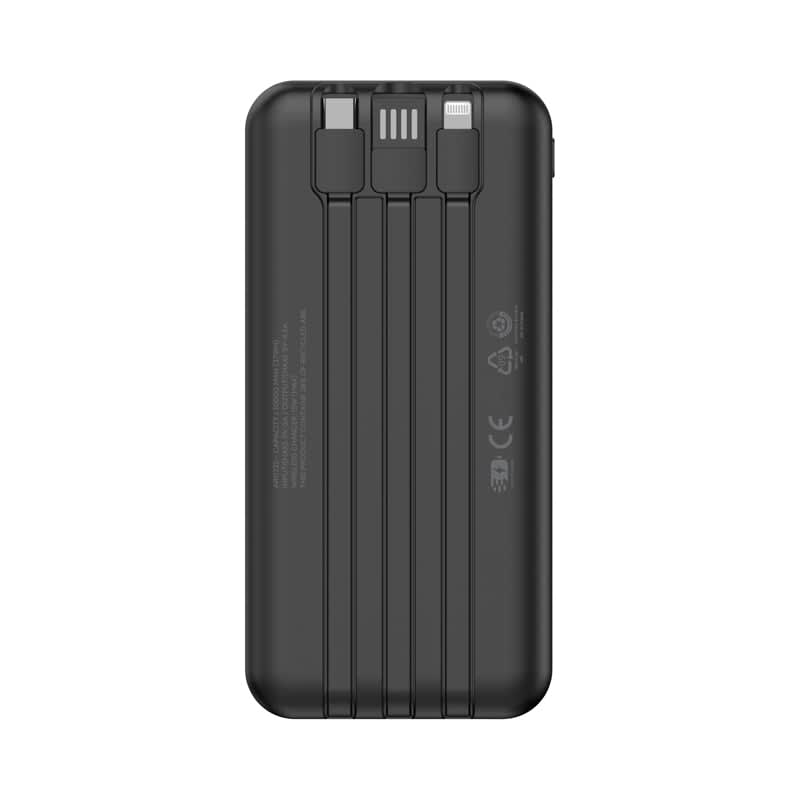 A black wireless power bank with three connectors and a compact design, showcasing multiple charging options.