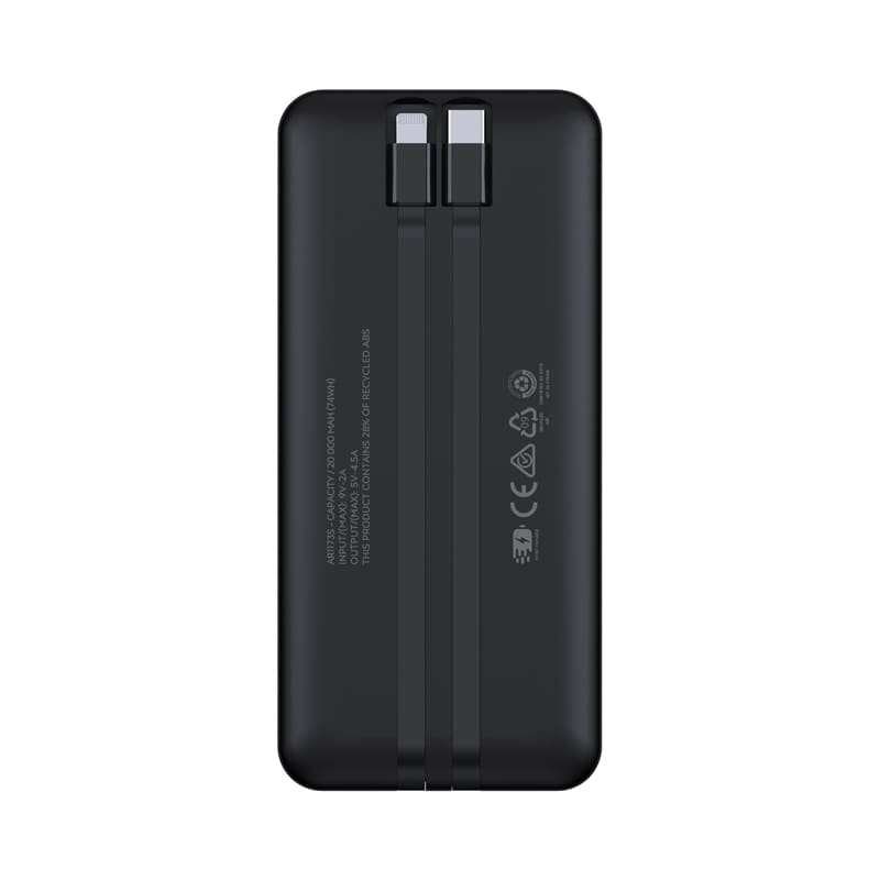 A black power bank with dual charging ports, featuring a sleek design and a manufacturer's logo.
