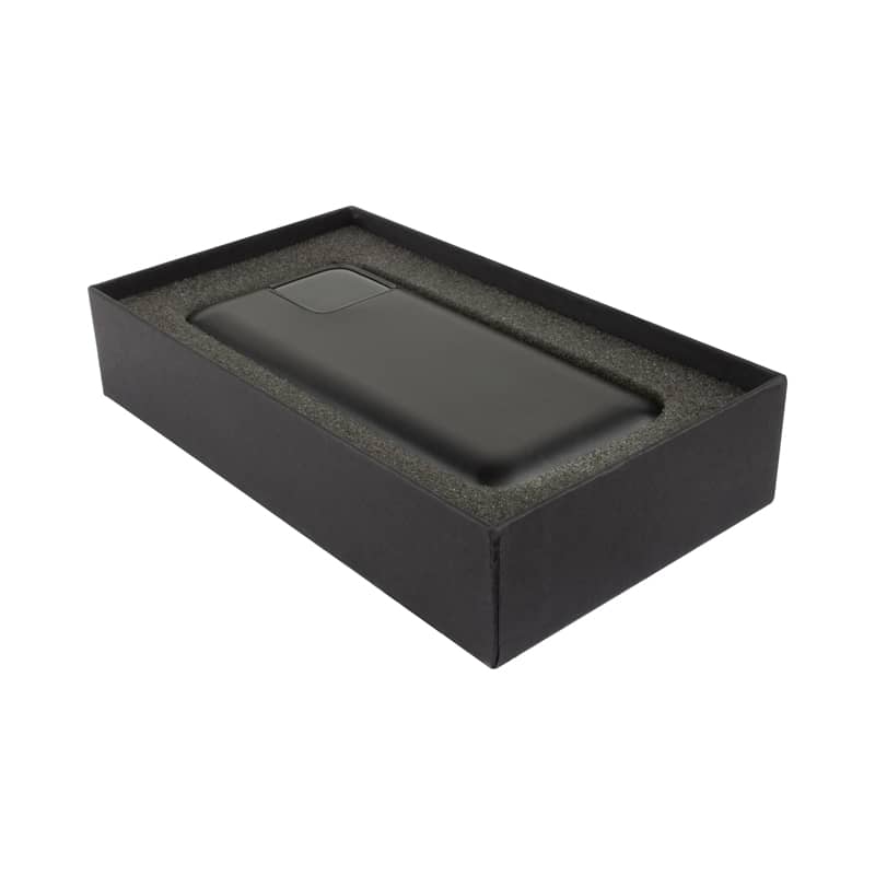 A black power bank in a sleek black box with a foam insert, featuring a logo on the device.