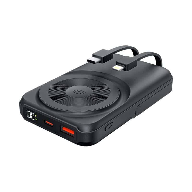 A black wireless power bank with a charging pad, two ports, and built-in cables for quick charging.