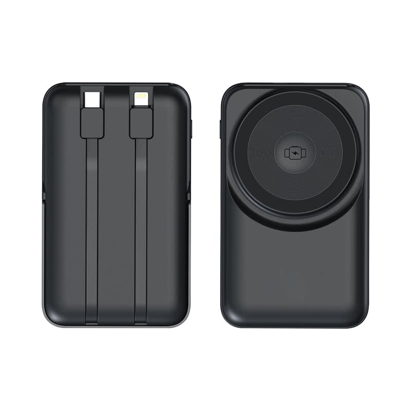 A black 10,000 mAh wireless power bank with dual connectors and a circular charging area. Features a logo.