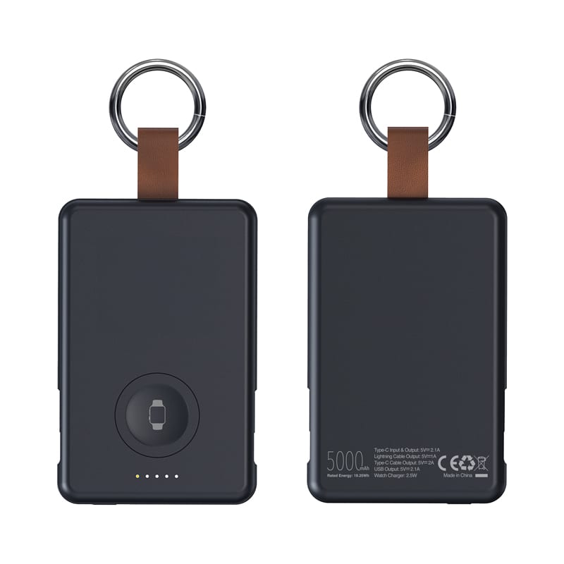 A black magnetic power bank with a leather strap and keyring, featuring a circular charging area and indicator lights.