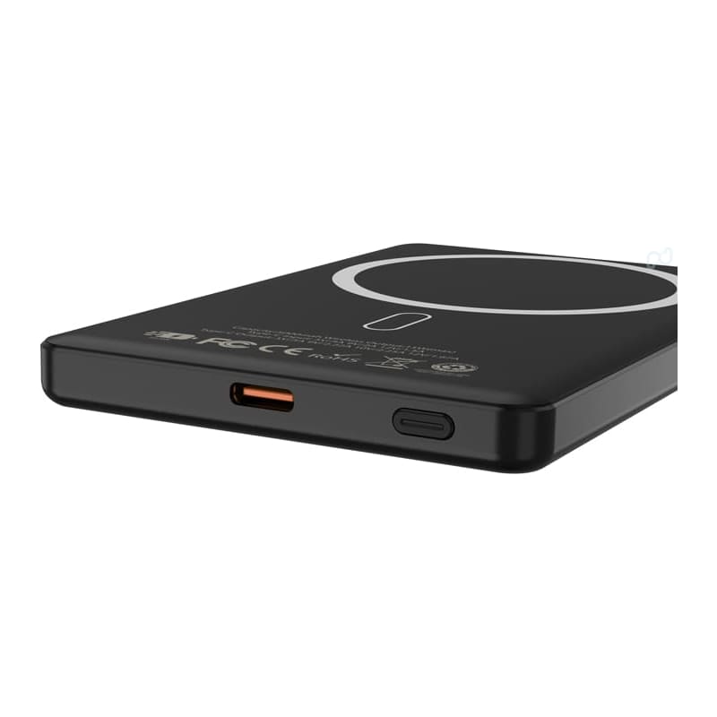A black power bank with a sleek design, featuring a charging pad and USB-C port. It has a logo on the surface.