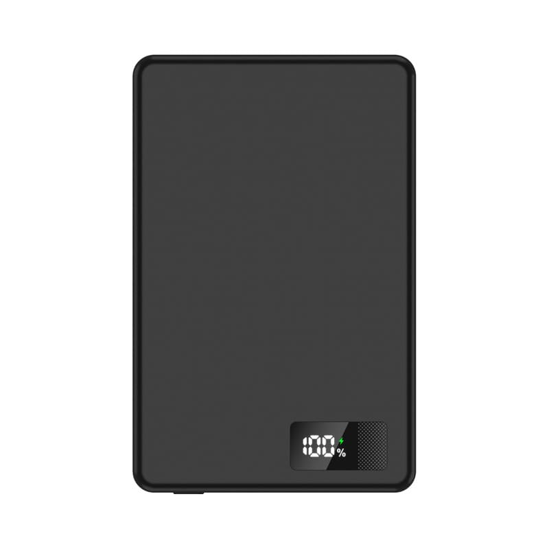 A black 15W MagSafe power bank with a digital display showing battery percentage. It has a sleek, ultra-thin design.