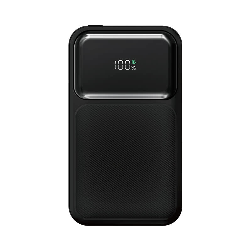 A black power bank with a textured surface and digital display showing battery percentage. It features a branding logo.