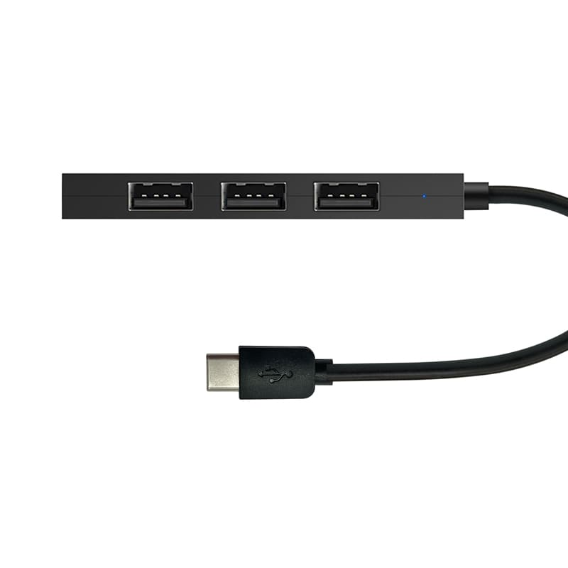 A black USB hub with three USB-A ports and a Type-C connector. It features a sleek, minimalist design.