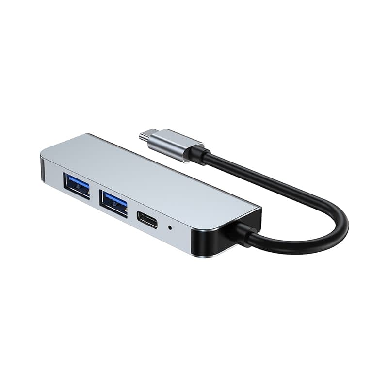 A silver USB hub with two blue USB-A ports and one USB-C connector, featuring a flexible black cable.