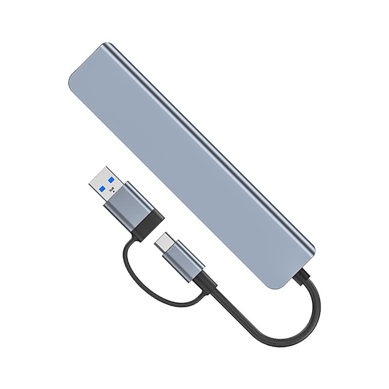 A silver USB hub with dual inputs, including Type-C and Type-A connectors, featuring a compact design.